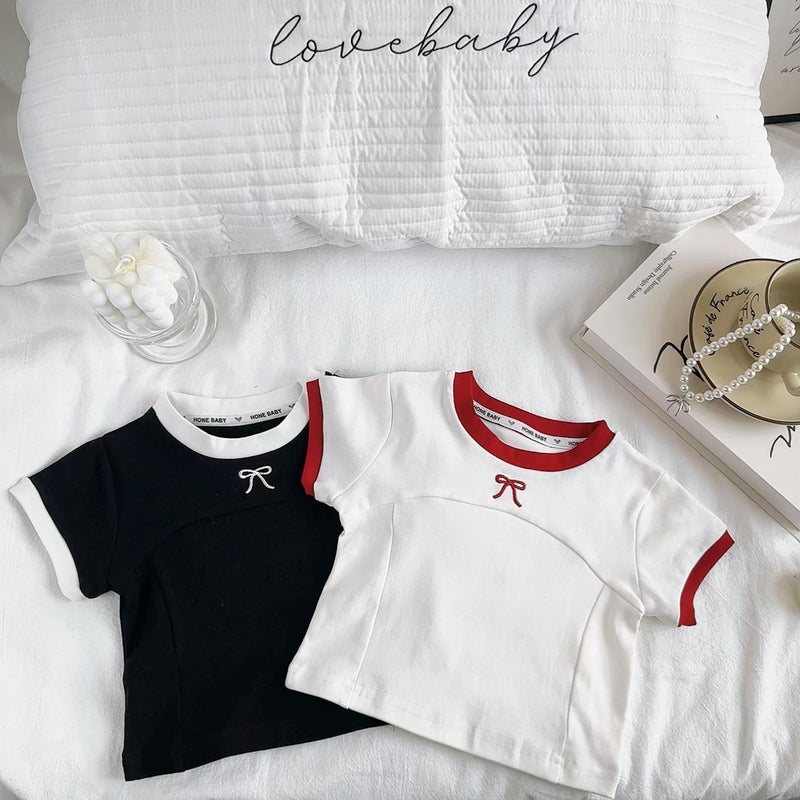 New Summer Girl'S Bow Embroidered Short-Sleeved T-Shirt Women'S Shoulder Design Sense Fishbone Slim Short Top - Image 4