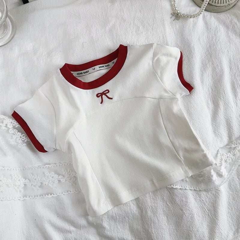 New Summer Girl'S Bow Embroidered Short-Sleeved T-Shirt Women'S Shoulder Design Sense Fishbone Slim Short Top - Image 1