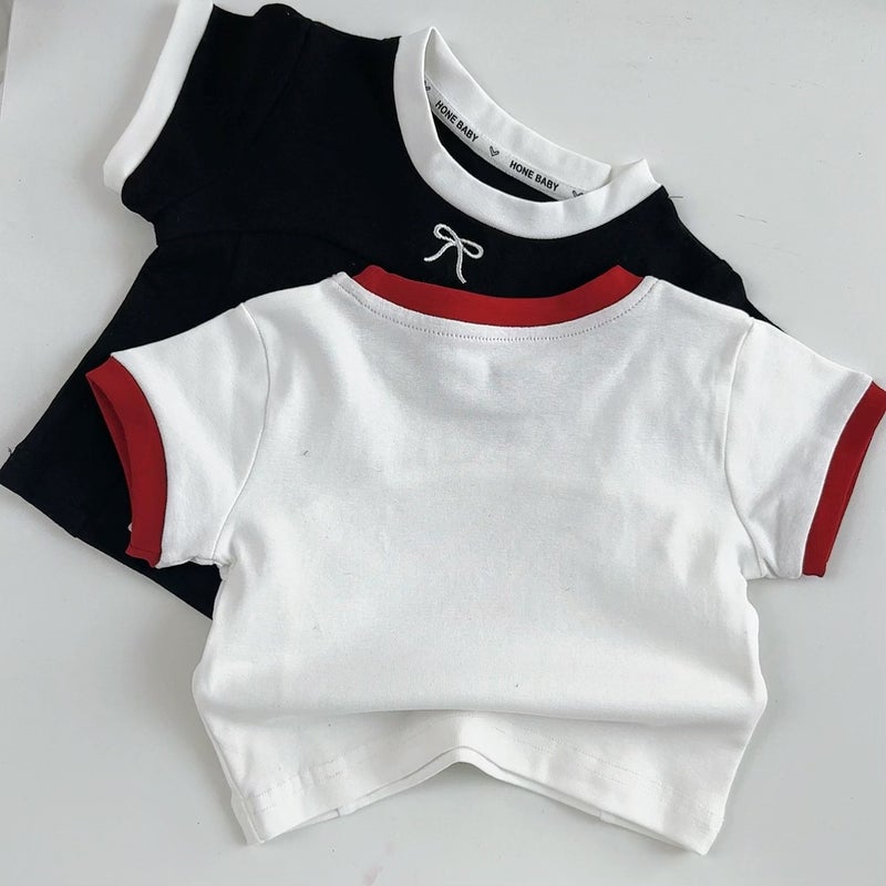 New Summer Girl'S Bow Embroidered Short-Sleeved T-Shirt Women'S Shoulder Design Sense Fishbone Slim Short Top - Image 3