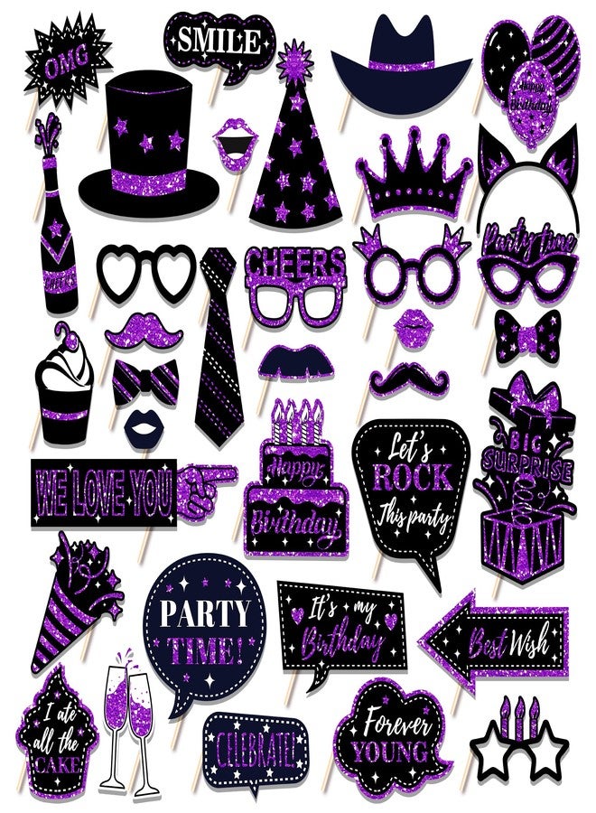 CC HOME 36Pcs Happy Birthday Photo Booth Props, Glitter Purple Birthday Party Decorations Party Favor for Forever Young Cheers Party Time Birthday Party Supplies Party Essentials - Image 1