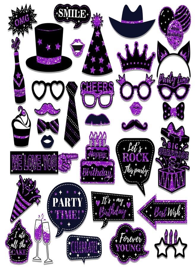 CC HOME 36Pcs Happy Birthday Photo Booth Props, Glitter Purple Birthday Party Decorations Party Favor for Forever Young Cheers Party Time Birthday Party Supplies Party Essentials - Image 2