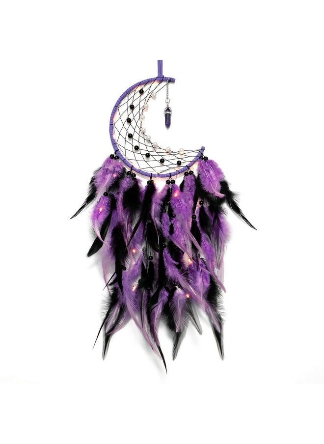 Dremisland Dremisland Moon Dream Catcher with Fairy Lights-Handmade Colorful Feather Lucky Turquoise Pendant Beads Wall Hanging Ornament for Kids Bedroom Home Decoration,Art Craft Gift. (Purple&Black)  - Image 1