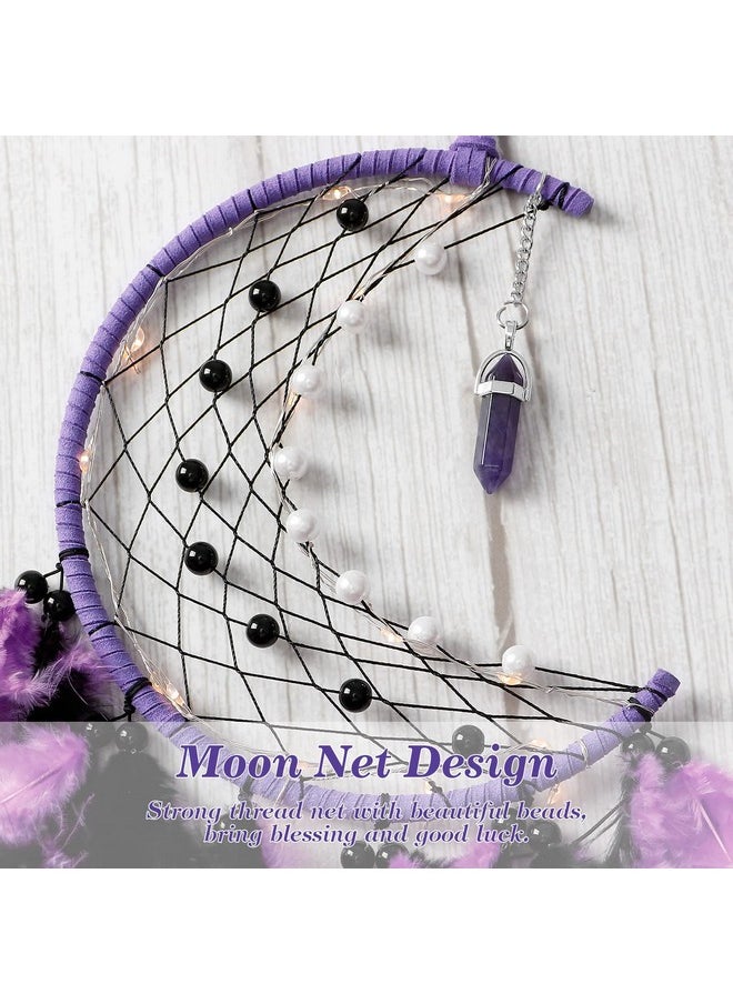 Dremisland Dremisland Moon Dream Catcher with Fairy Lights-Handmade Colorful Feather Lucky Turquoise Pendant Beads Wall Hanging Ornament for Kids Bedroom Home Decoration,Art Craft Gift. (Purple&Black)  - Image 4