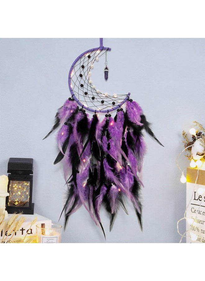Dremisland Dremisland Moon Dream Catcher with Fairy Lights-Handmade Colorful Feather Lucky Turquoise Pendant Beads Wall Hanging Ornament for Kids Bedroom Home Decoration,Art Craft Gift. (Purple&Black)  - Image 2