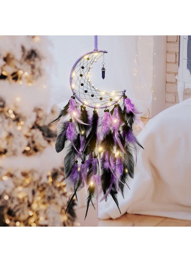 Dremisland Dremisland Moon Dream Catcher with Fairy Lights-Handmade Colorful Feather Lucky Turquoise Pendant Beads Wall Hanging Ornament for Kids Bedroom Home Decoration,Art Craft Gift. (Purple&Black)  - Image 3