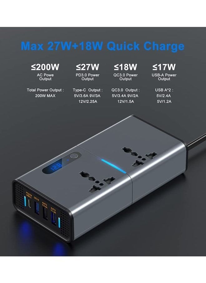 Arabest 200W Car Power Inverter, DC 12/24V to 220V AC Car Inverter,3 USB 1 Type-C Ports Charger Adapter Car Plug Converter with Switch and Current LED Screen,Suitable for Car, Truck (Silver gray)  - Image 2