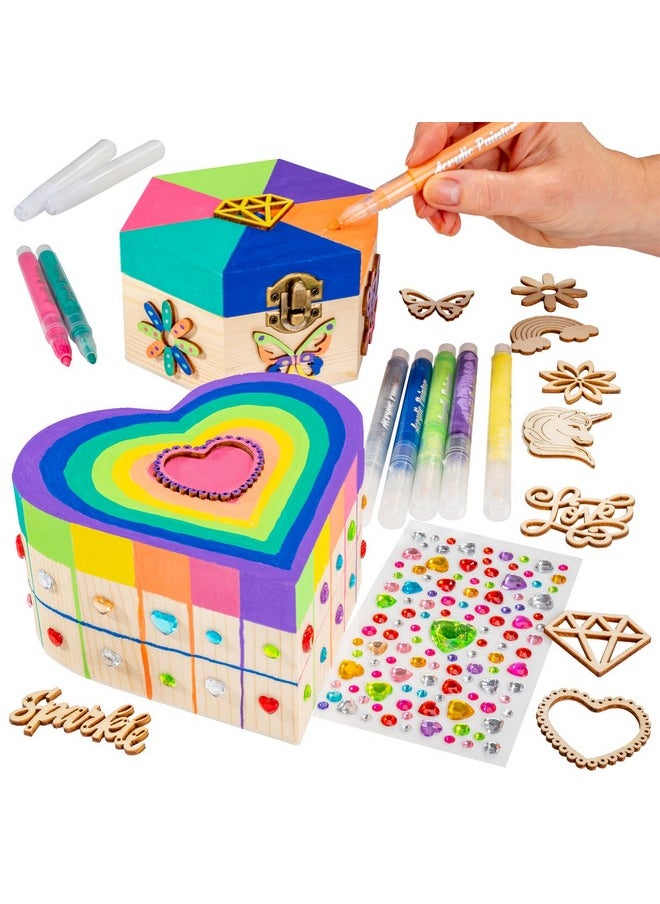 GirlZone - Jewelry & Treasure Box, Diy Jewelry Box, Diy Craft For Kids Include Wooden Boxes, Shapes, Acrylic Paint Pens, Gem Stickers & Table Cover, Ideal Painting Crafts For Girls For Ages 6-8 - Image 1