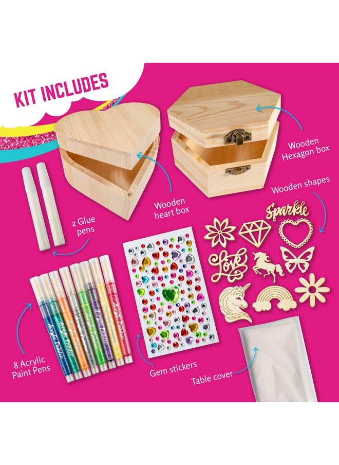 GirlZone - Jewelry & Treasure Box, Diy Jewelry Box, Diy Craft For Kids Include Wooden Boxes, Shapes, Acrylic Paint Pens, Gem Stickers & Table Cover, Ideal Painting Crafts For Girls For Ages 6-8 - Image 1