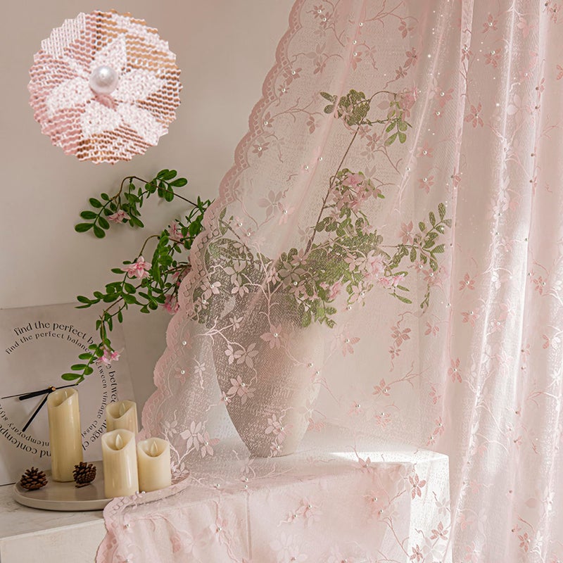 WestWeir Pink Lace Curtains - Sheer Lace Panels with Scalloped Edges & Pearl Decor Floral Design for Living Room, Bedroom & Nursery, Vintage Sparkle Curtains, Rod Pocket, 52 x 63 Inch, Set of 2 Panel - Image 1