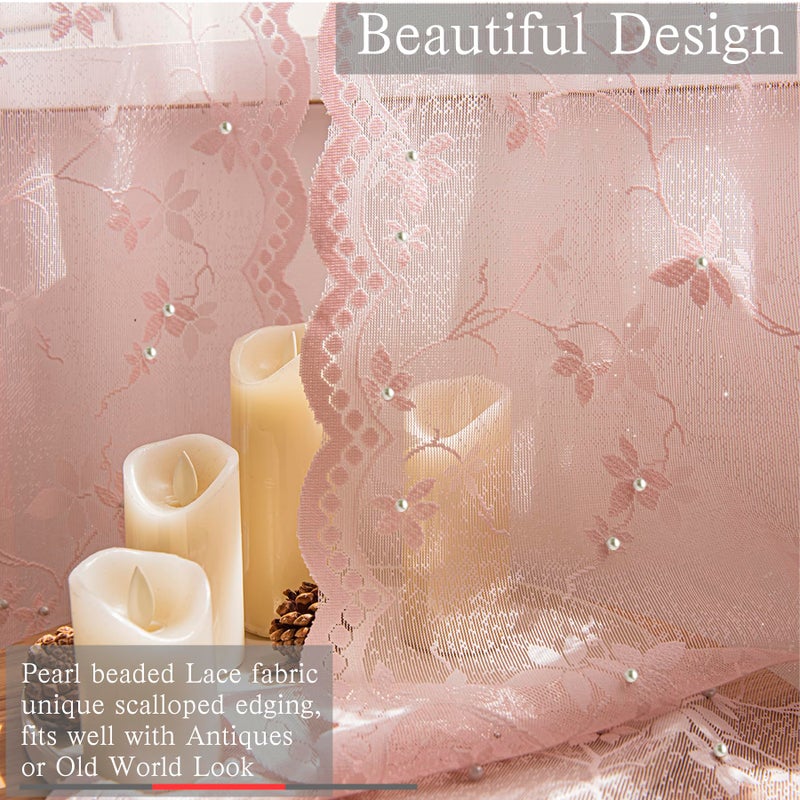 WestWeir Pink Lace Curtains - Sheer Lace Panels with Scalloped Edges & Pearl Decor Floral Design for Living Room, Bedroom & Nursery, Vintage Sparkle Curtains, Rod Pocket, 52 x 63 Inch, Set of 2 Panel - Image 2