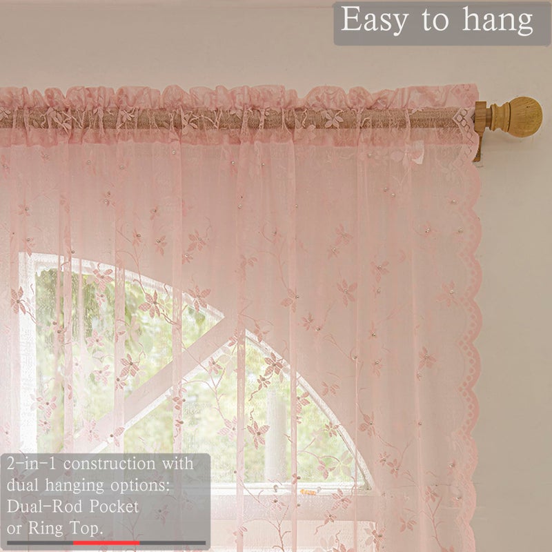 WestWeir Pink Lace Curtains - Sheer Lace Panels with Scalloped Edges & Pearl Decor Floral Design for Living Room, Bedroom & Nursery, Vintage Sparkle Curtains, Rod Pocket, 52 x 63 Inch, Set of 2 Panel - Image 4
