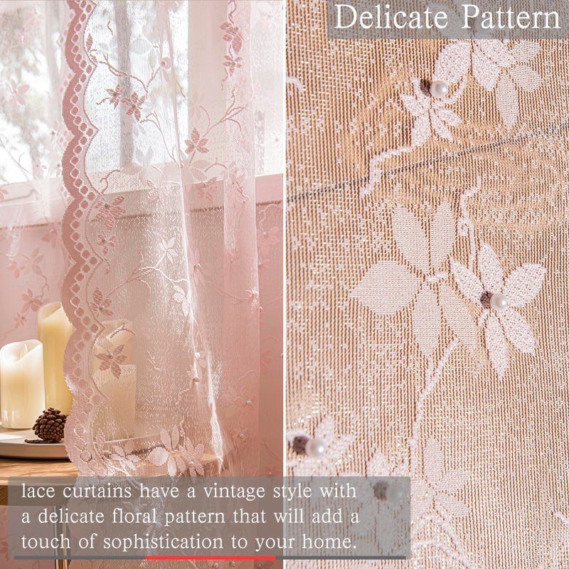 WestWeir Pink Lace Curtains - Sheer Lace Panels with Scalloped Edges & Pearl Decor Floral Design for Living Room, Bedroom & Nursery, Vintage Sparkle Curtains, Rod Pocket, 52 x 63 Inch, Set of 2 Panel - Image 5