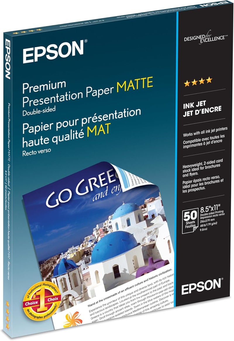 EPSON ورق عرض متميز غير لامع (8.5x11 بوصة، مزدوج الوجه، 50 ورقة) (S041568) أبيض ساطع - Image 2