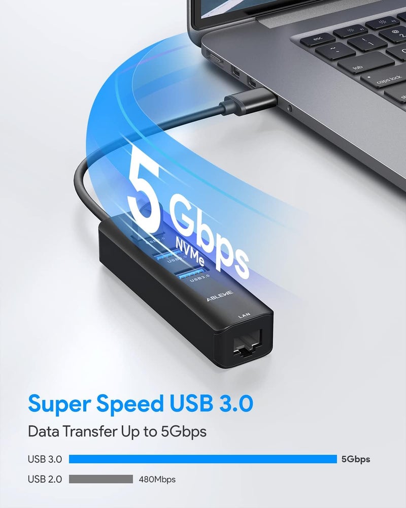 ABLEWE USB to Ethernet Adapter, 3 Ports USB 3.0 Hub with RJ45 1Gbps Gigabit Ethernet Adapter, for MacBook Air 2017, iMac, XPS, Surface Pro, Linux, Chromebook, Notebook and More - Black - Image 4