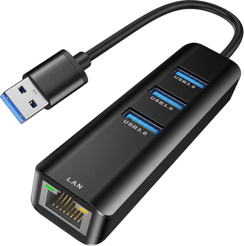 ABLEWE USB to Ethernet Adapter, 3 Ports USB 3.0 Hub with RJ45 1Gbps Gigabit Ethernet Adapter, for MacBook Air 2017, iMac, XPS, Surface Pro, Linux, Chromebook, Notebook and More - Black - Image 1