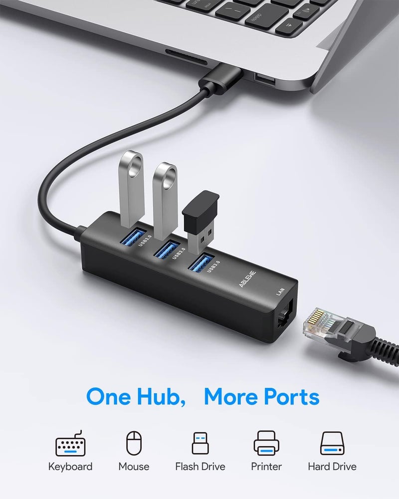 ABLEWE USB to Ethernet Adapter, 3 Ports USB 3.0 Hub with RJ45 1Gbps Gigabit Ethernet Adapter, for MacBook Air 2017, iMac, XPS, Surface Pro, Linux, Chromebook, Notebook and More - Black - Image 2