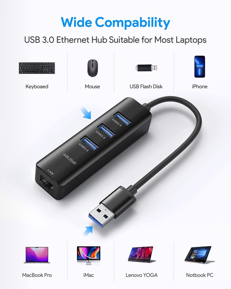 ABLEWE USB to Ethernet Adapter, 3 Ports USB 3.0 Hub with RJ45 1Gbps Gigabit Ethernet Adapter, for MacBook Air 2017, iMac, XPS, Surface Pro, Linux, Chromebook, Notebook and More - Black - Image 5