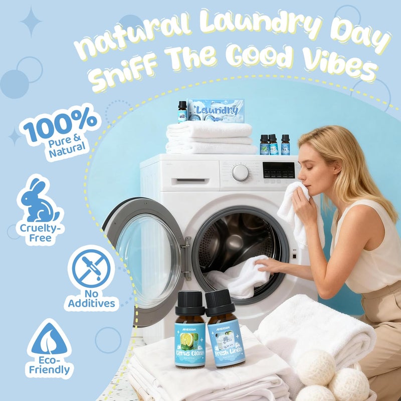 ARVIDSSON Laundry Collection Essential Oil Set, Natural Clean Essential Oils for Diffuser, Use with Wool Dryer Balls - Fresh Linen, Citrus Clean, Laundry Day, Chamomile Bliss, Lavender Field, Minty - Image 2