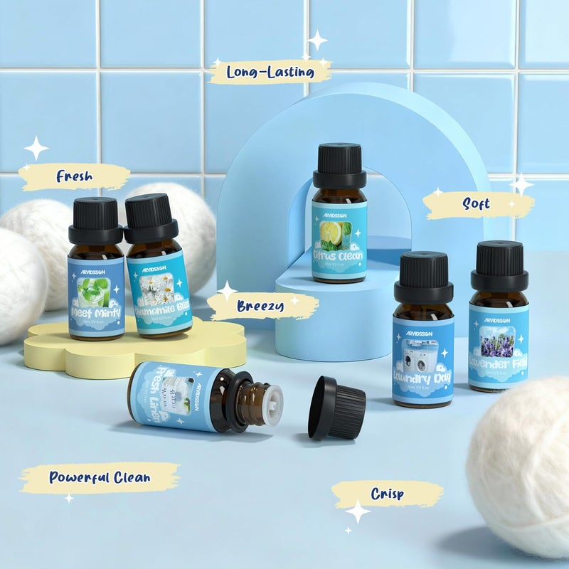 ARVIDSSON Laundry Collection Essential Oil Set, Natural Clean Essential Oils for Diffuser, Use with Wool Dryer Balls - Fresh Linen, Citrus Clean, Laundry Day, Chamomile Bliss, Lavender Field, Minty - Image 5