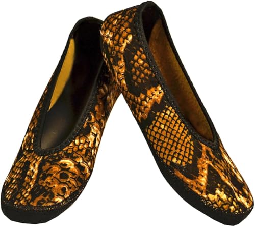 Nufoot Ballet Flats Fuzzies Women's Slippers, Foldable, Flexible Flat, Slipper Socks, Travel Slipper, Yoga Socks, House Shoes, Indoor Shoes, Gold Snake, Large - Image 1