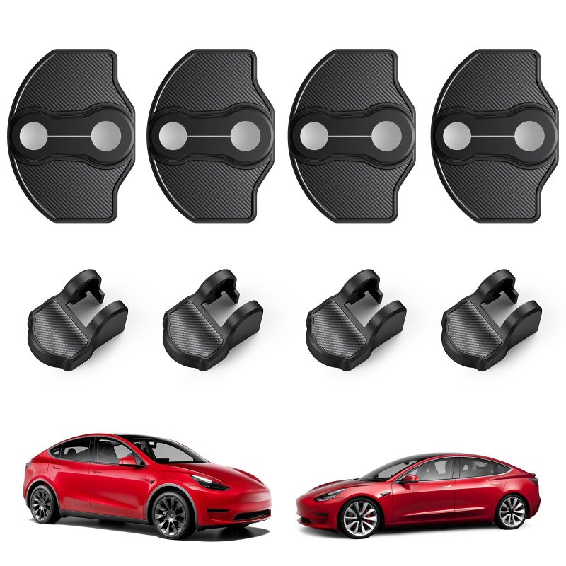 BASENOR 2017-2026 Tesla Model Y Juniper Model 3 Highland Door Lock Cover Protector Anti-Rust [Carbon Edition] [No Tape Requried], Door Striker Latches Stopper Covers for Model Y (8PCS)/Model 3 (6PCS) - Image 1