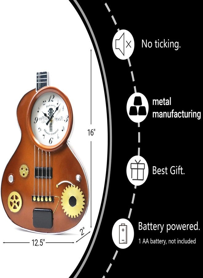 AOROTOE Guitar Wall Clock – Retro Brown Metal Guitar-Shaped Clock with Gears, Silent Non-Ticking, Music Room Decor for Musicians, Music Lovers, Men, Teens, 16" - Image 2