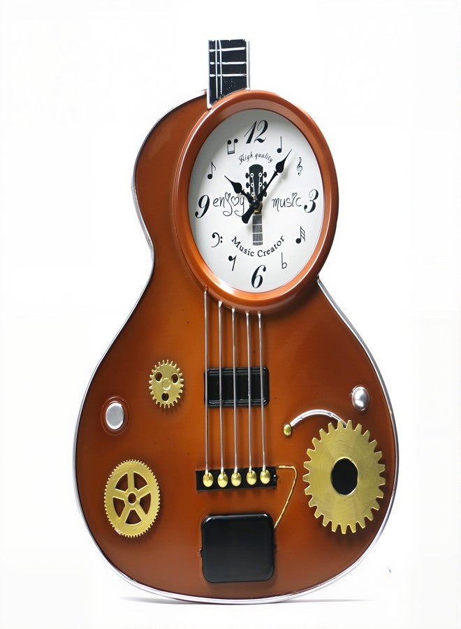 AOROTOE Guitar Wall Clock – Retro Brown Metal Guitar-Shaped Clock with Gears, Silent Non-Ticking, Music Room Decor for Musicians, Music Lovers, Men, Teens, 16" - Image 1