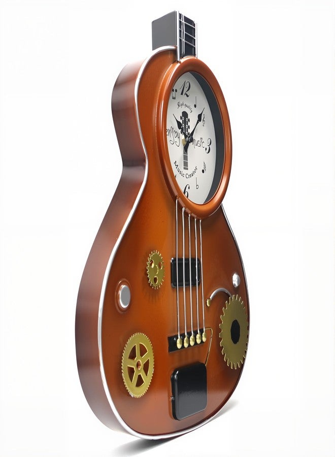 AOROTOE Guitar Wall Clock – Retro Brown Metal Guitar-Shaped Clock with Gears, Silent Non-Ticking, Music Room Decor for Musicians, Music Lovers, Men, Teens, 16" - Image 3