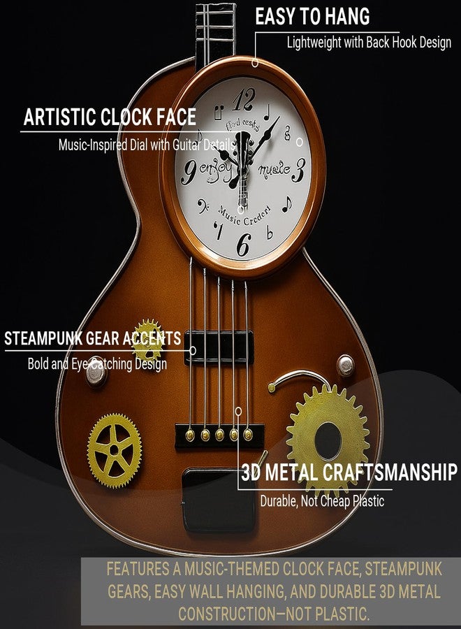 AOROTOE Guitar Wall Clock – Retro Brown Metal Guitar-Shaped Clock with Gears, Silent Non-Ticking, Music Room Decor for Musicians, Music Lovers, Men, Teens, 16" - Image 4