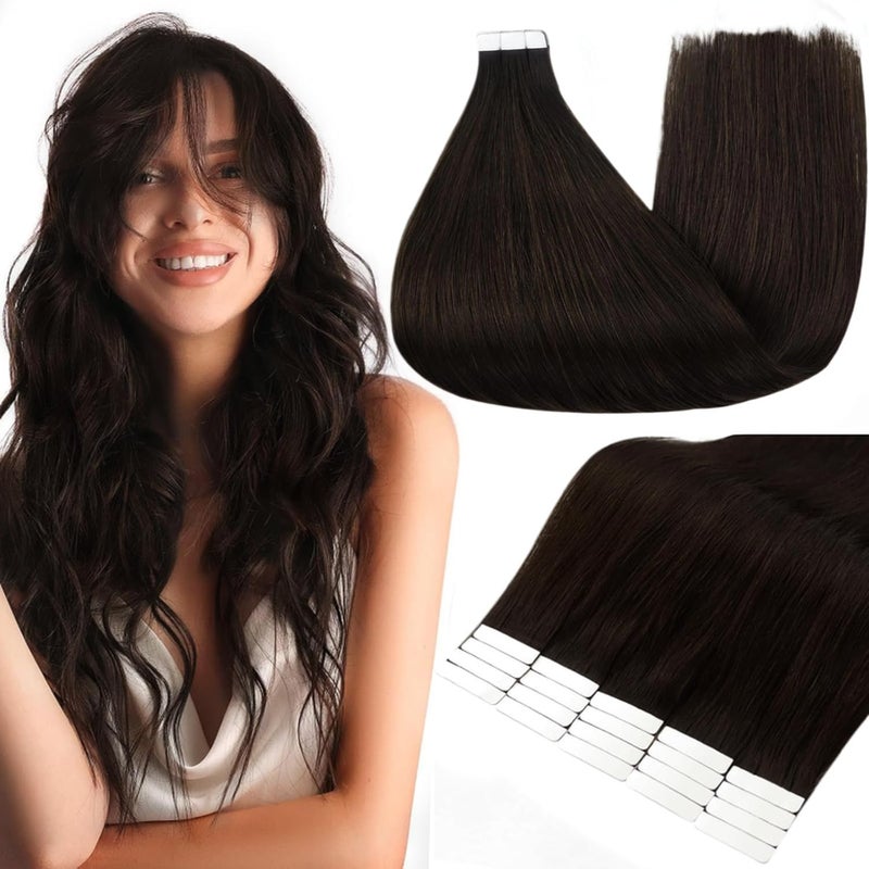 Full Shine Brown Tape in Hair Extensions Human Hair 18 Inch Natural Invisible Remy Hair Extensions Tape in Color 2 Darkest Brown Double Sided Seamless Extensions for Women Real Hair 20 PCS 50grams