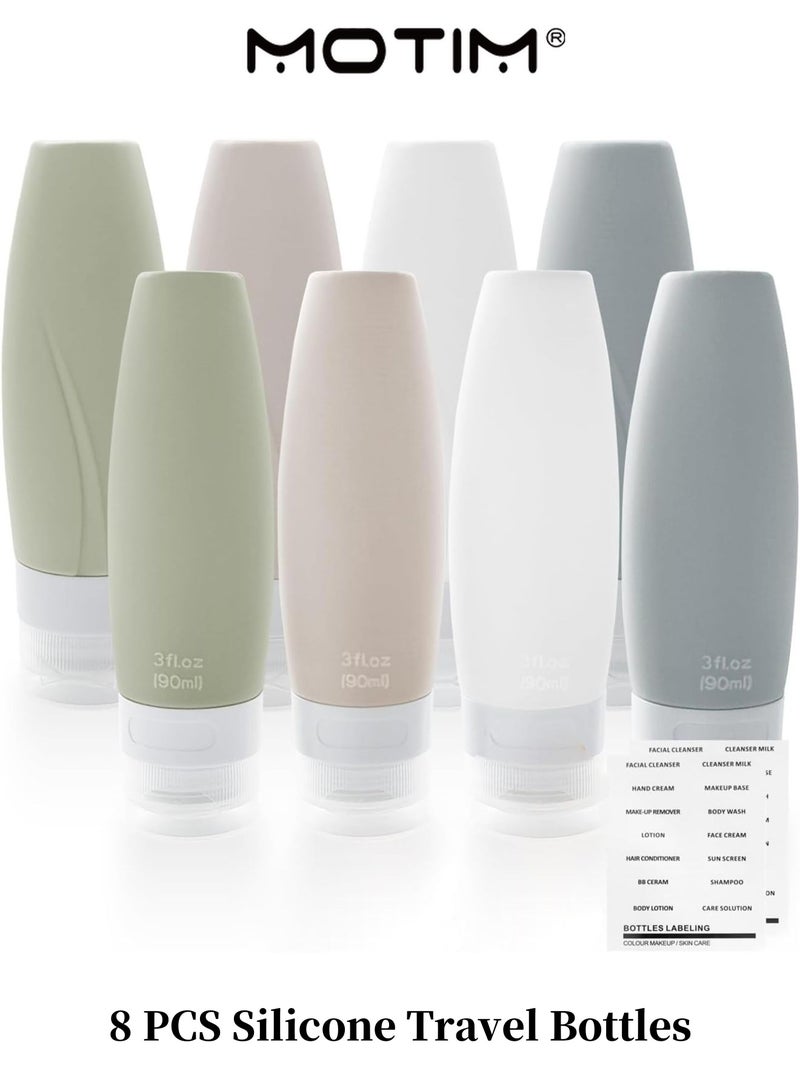 Motim 8 PCS Silicone Travel Bottles with EVA Bag Leak Proof Silicone Squeezable Travel Containers for Liquids Shampoo Lotion Body Wash (3oz/ 90ml） - Image 1