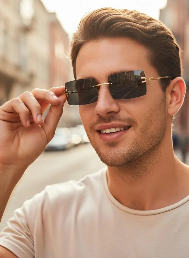 Take Two Men Black Square Rimless Sunglasses