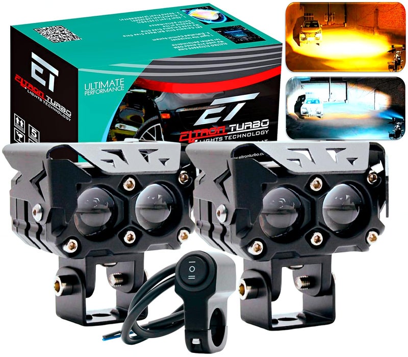 ELTRON TURBO Waterproof 2 Year Warranty Super High Bright Dual Lens Mini Driving Power Fog Light Universal All Motorcycle, White & Yellow Pack of 2, 12V DC 145W Each, Aluminium, Battery Powered, Led - Image 1
