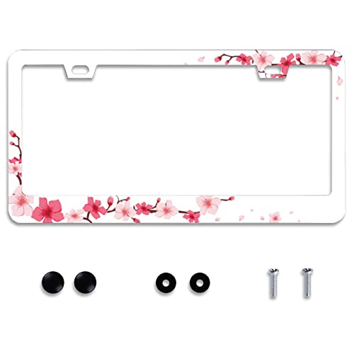 Omw2fyb Personalise Beautiful Cherry Blossom License Plate Frame Floral Flowers License Plate Car Universal Stainless Steel Accessories Cars Decor 2 Holes Screws Fits Standard US Vehicles Size 12.2 x 6 Inch - Image 1