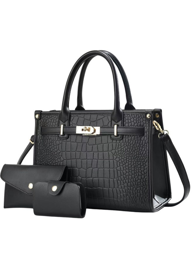 GoldenLike Crocodile Pattern Satchel for Women, 3 Pcs Ladies Elegant Handbag Large Capacity Shoulder Bag Tote Bag with Top-handle Faux Leather Classic Clutch Shoulder Purse for Ladies  - Image 1