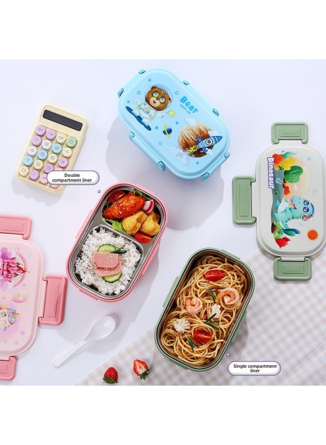 Cartoon Bear Children's 304 Stainless Steel Lunch Box Student Canteen Dormitory Compartment Lunch Box Buckle With Lid Lunch Box-Specification:Blue Space Bear 304 Stainless Steel Single Cell  - Image 2