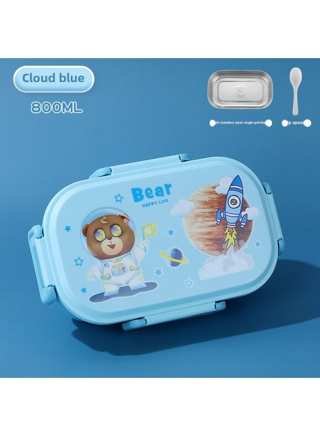 Cartoon Bear Children's 304 Stainless Steel Lunch Box Student Canteen Dormitory Compartment Lunch Box Buckle With Lid Lunch Box-Specification:Blue Space Bear 304 Stainless Steel Single Cell  - Image 1