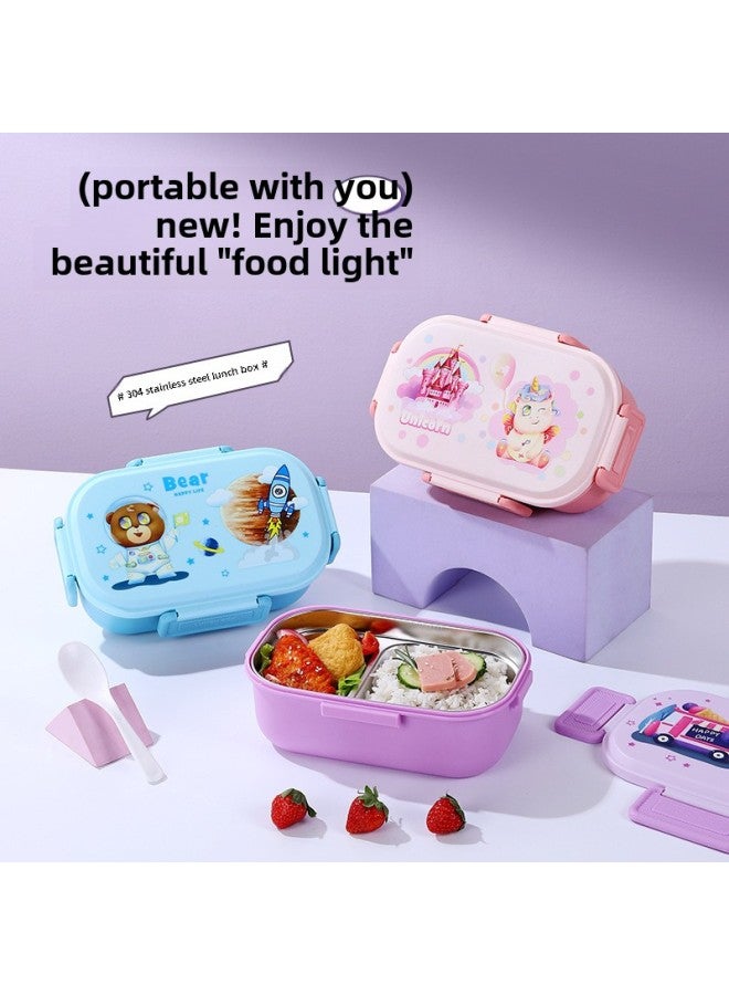 Cartoon Bear Children's 304 Stainless Steel Lunch Box Student Canteen Dormitory Compartment Lunch Box Buckle With Lid Lunch Box-Specification:Blue Space Bear 304 Stainless Steel Single Cell  - Image 3