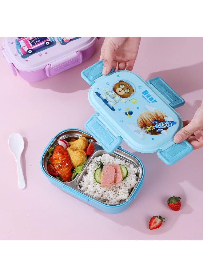 Cartoon Bear Children's 304 Stainless Steel Lunch Box Student Canteen Dormitory Compartment Lunch Box Buckle With Lid Lunch Box-Specification:Blue Space Bear 304 Stainless Steel Single Cell  - Image 4