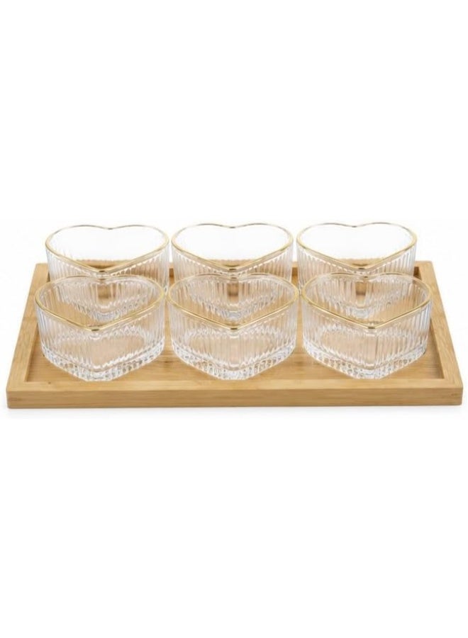 6-Piece Heart-Shaped Glass Bowl Set with Wooden Tray - Image 1