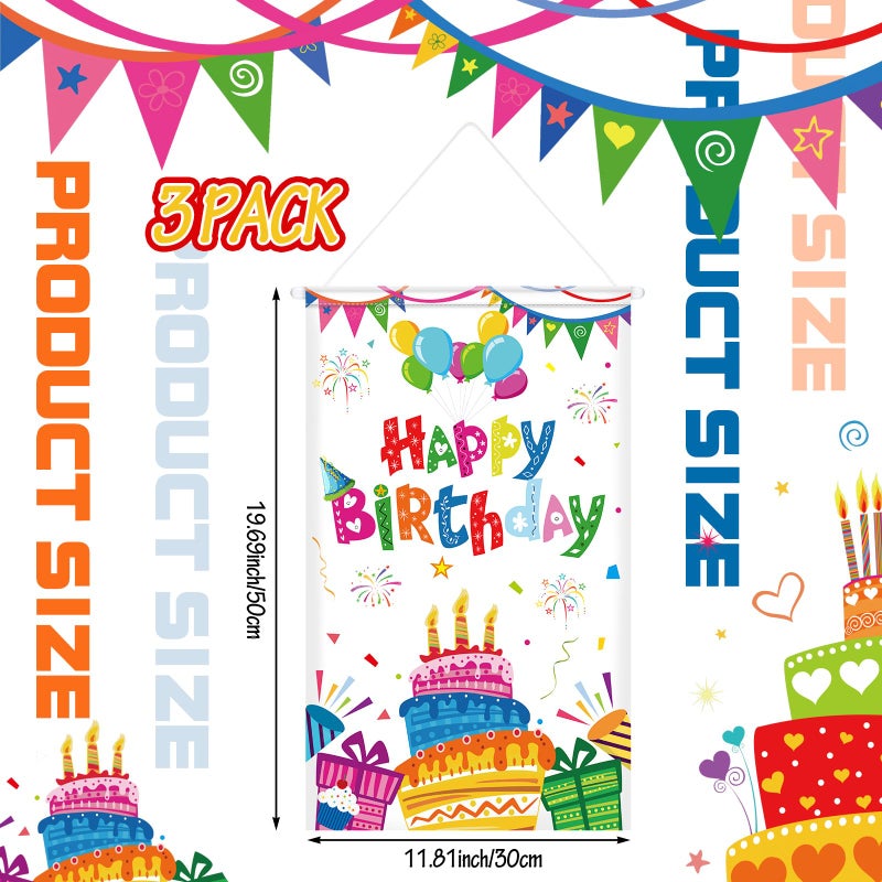 Tegeme 3 Pcs Happy Birthday Banner Door Sign Decor Colorful Happy Birthday Party Door Hanging Decorations Porch Wall Hanging Banner Party Supplies for Kids Girls Boys(Classic,White) - Image 2