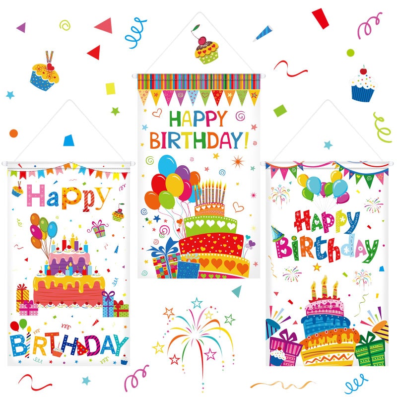 Tegeme 3 Pcs Happy Birthday Banner Door Sign Decor Colorful Happy Birthday Party Door Hanging Decorations Porch Wall Hanging Banner Party Supplies for Kids Girls Boys(Classic,White) - Image 1