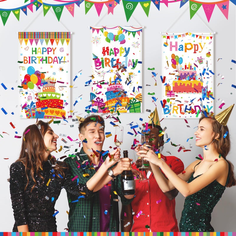 Tegeme 3 Pcs Happy Birthday Banner Door Sign Decor Colorful Happy Birthday Party Door Hanging Decorations Porch Wall Hanging Banner Party Supplies for Kids Girls Boys(Classic,White) - Image 4