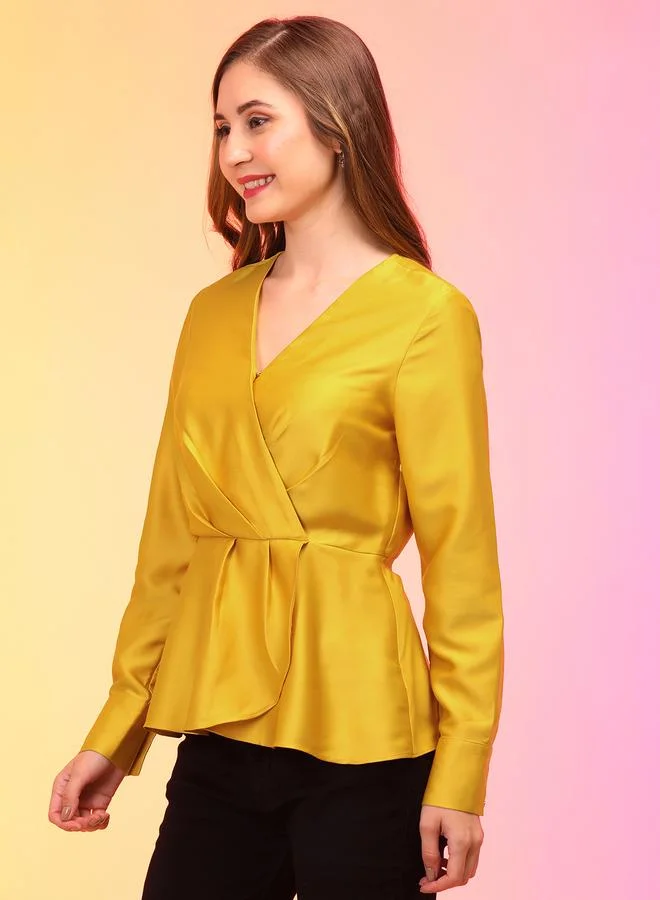 جلو باص Globus Solid V-Neck Long Sleeves Pleated Wrap Top
