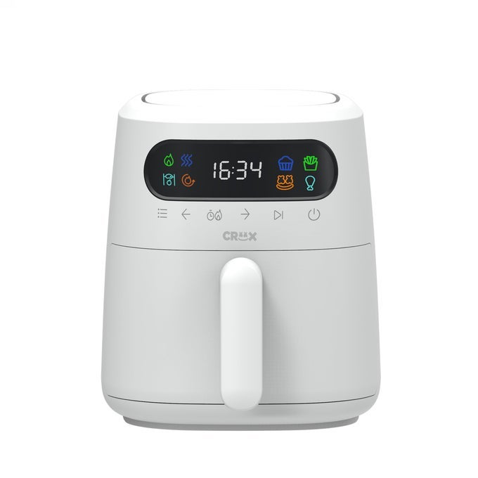 X MARSHMELLO 30 QT DIGITAL AIR FRYER WITH TURBOCRISP TECHNOLOGY TOUCH SCREEN TEMPERATURE CONTROL TIMER AND AUTO SHUTOFF FULLY PROGRAMMABLE SILICONE CUPCAKE MOLDS INCLUDED WHITE