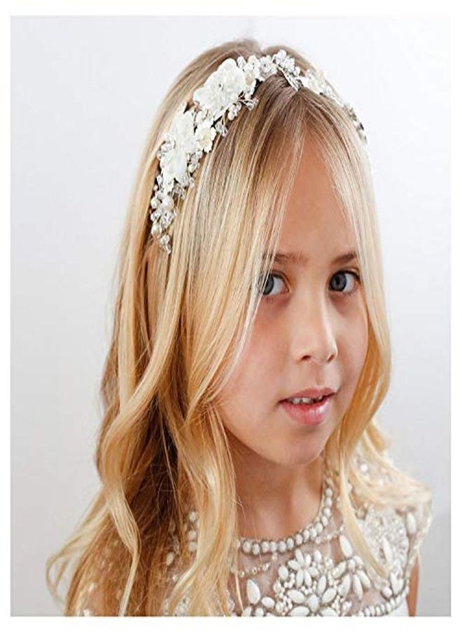 SWEETV Flower Girl Headpiece Ivory Tulle Flowers Wedding Headband For Girls, Princess Pearl Hair Accessories For Birthday Party, First Communion  - Image 1