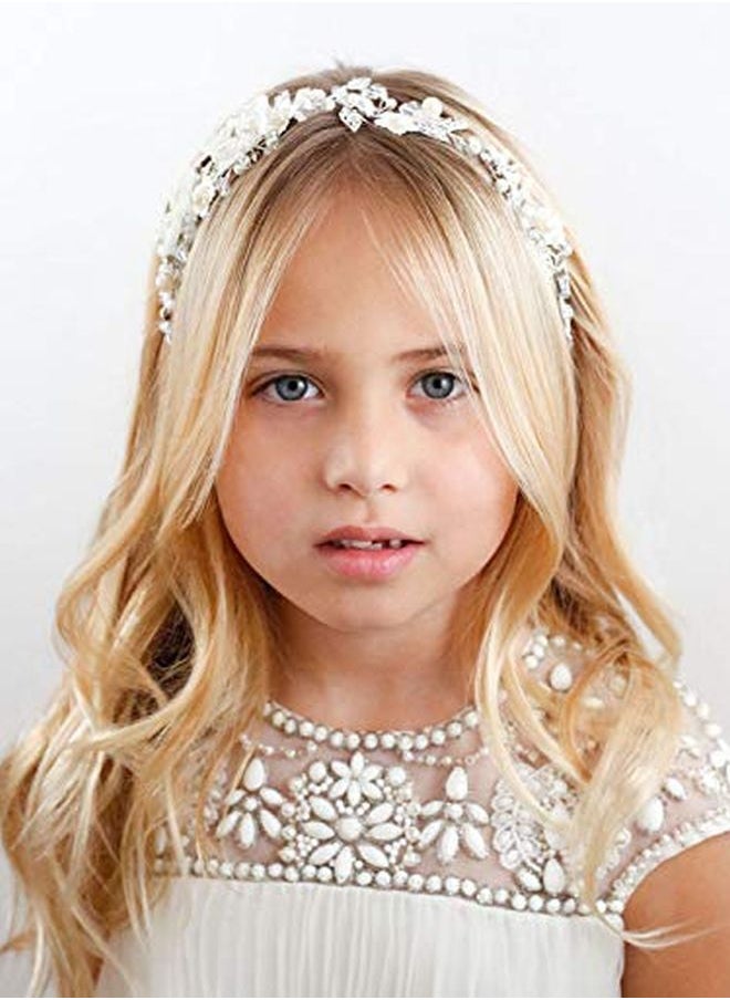 SWEETV Flower Girl Headpiece Ivory Tulle Flowers Wedding Headband For Girls, Princess Pearl Hair Accessories For Birthday Party, First Communion  - Image 2