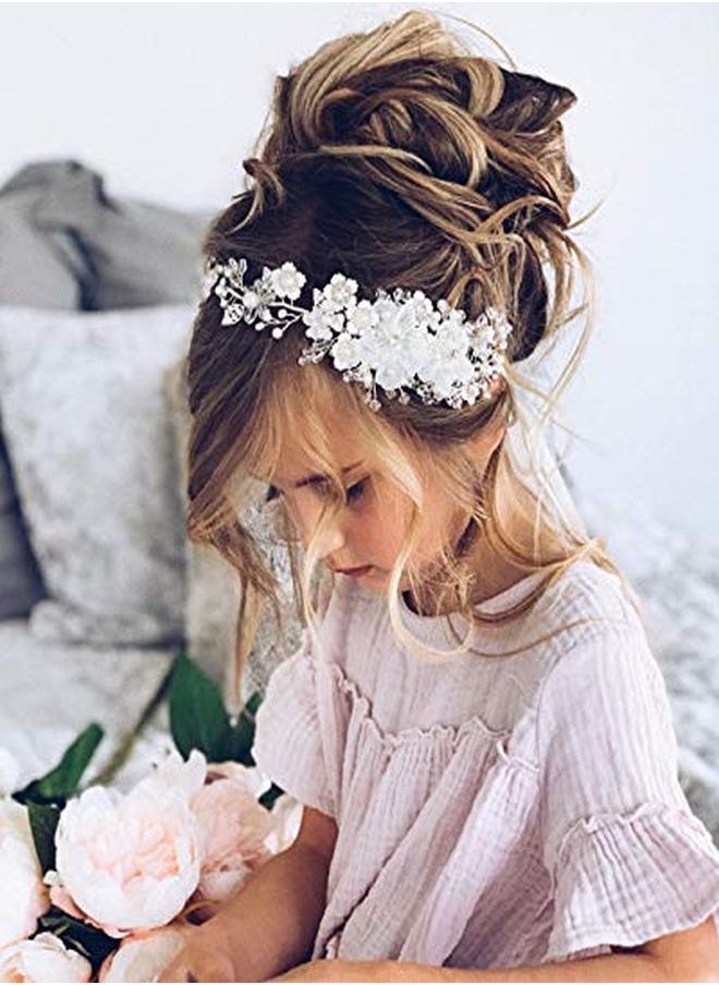 SWEETV Flower Girl Headpiece Ivory Tulle Flowers Wedding Headband For Girls, Princess Pearl Hair Accessories For Birthday Party, First Communion  - Image 4