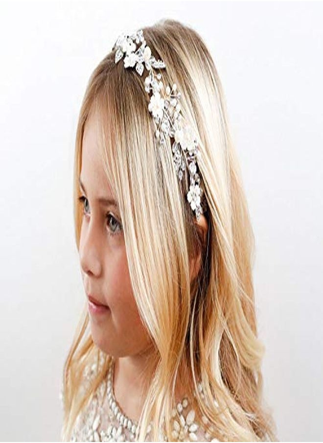 SWEETV Flower Girl Headpiece Ivory Tulle Flowers Wedding Headband For Girls, Princess Pearl Hair Accessories For Birthday Party, First Communion  - Image 3