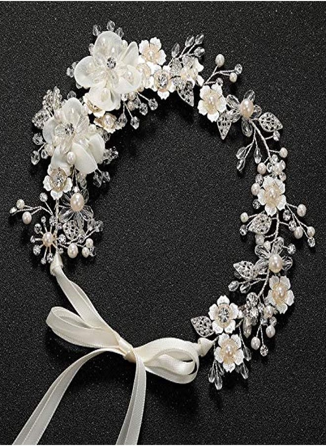 SWEETV Flower Girl Headpiece Ivory Tulle Flowers Wedding Headband For Girls, Princess Pearl Hair Accessories For Birthday Party, First Communion  - Image 5